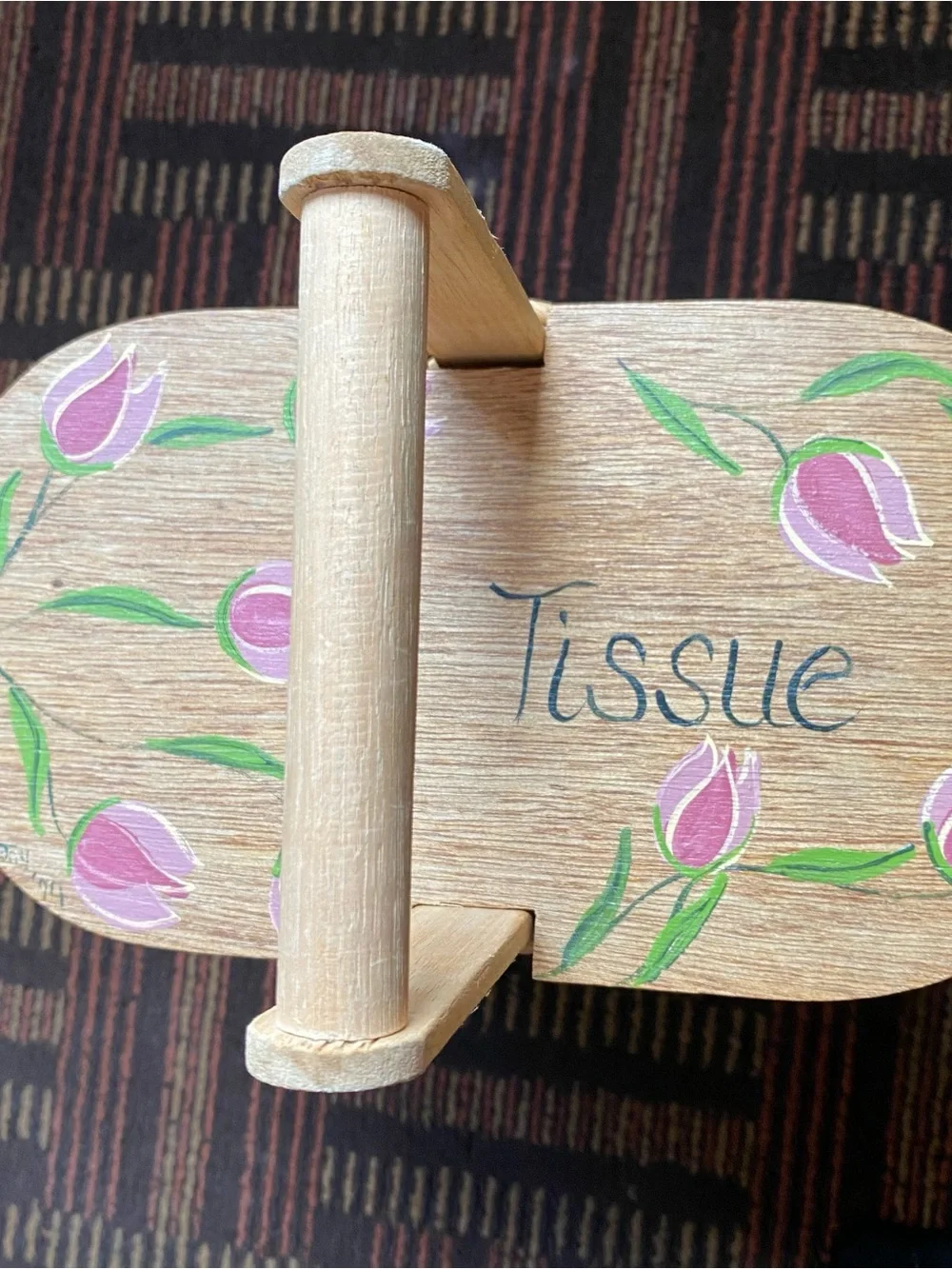 Woven Bathroom Tissue Holder Basket with Lid - Hand Painted Tulips Vintage 1994